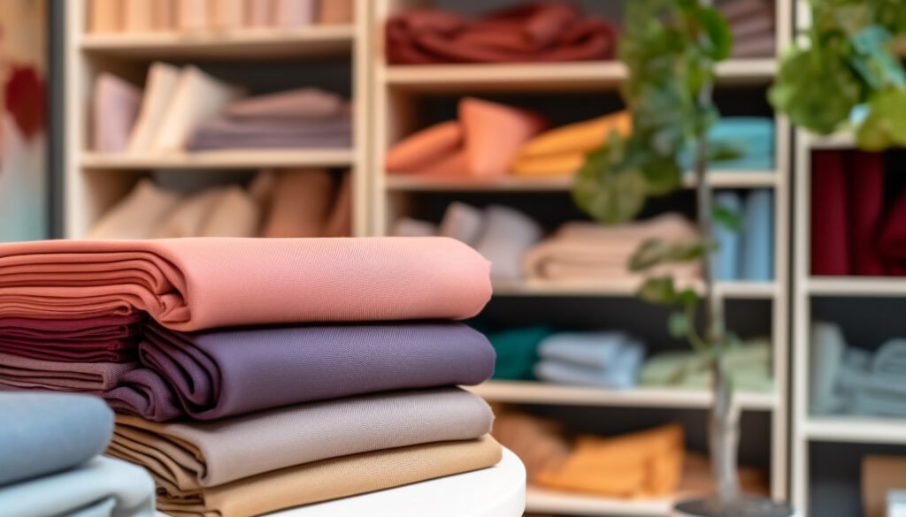 Fashion store displays modern clothing collection on wooden shelves generated by AI